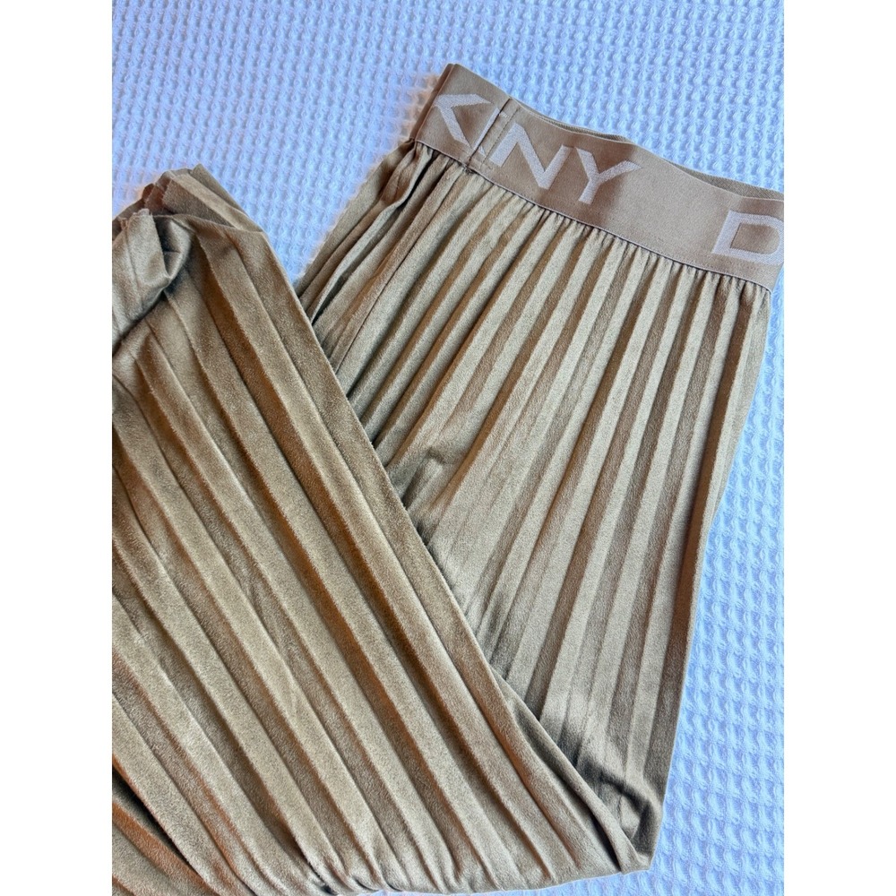 DKNY Womens XL Faux Suede Pleated Midi Skirt Tan Camel Logo Waistband